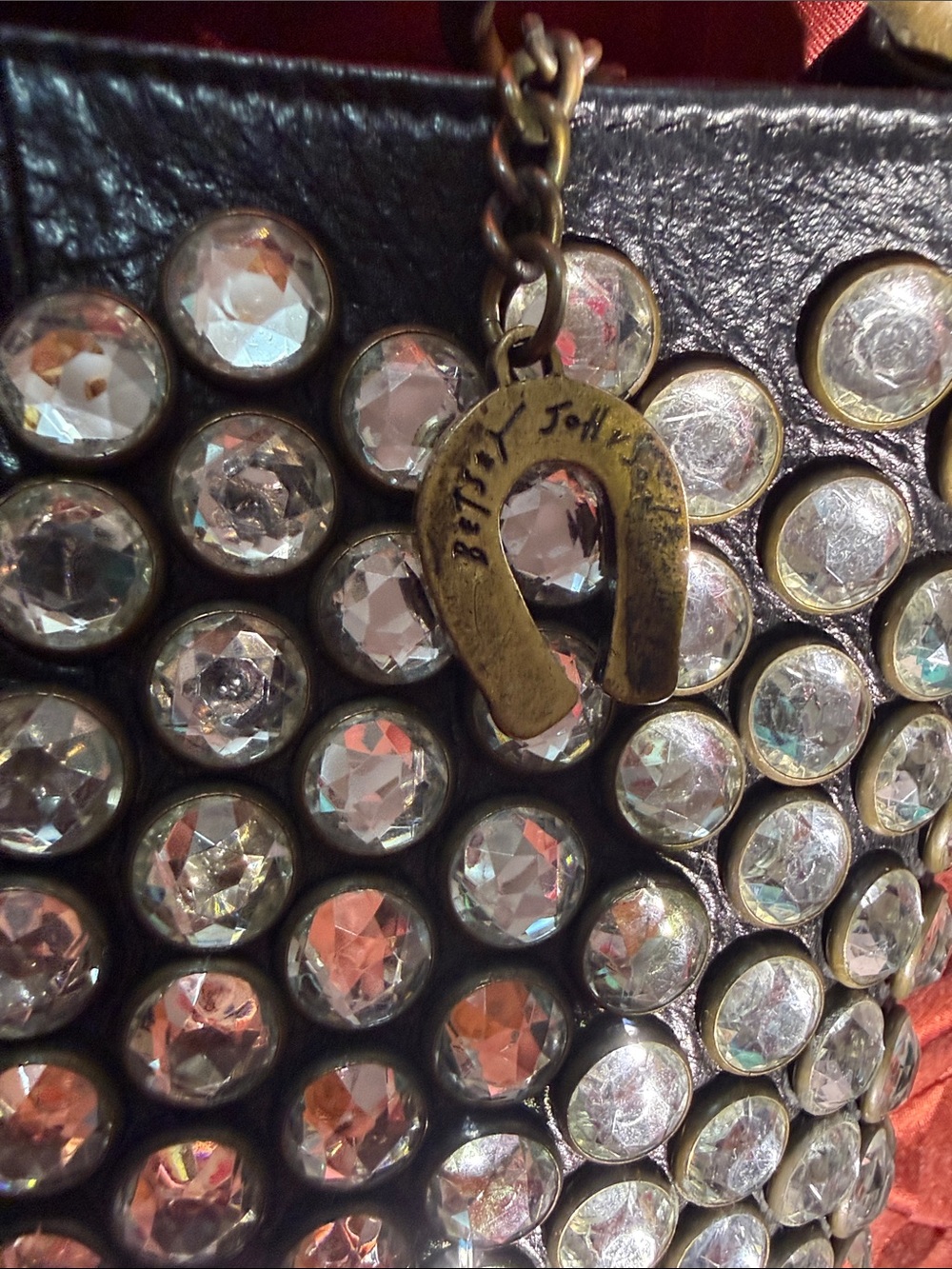 Betsey Johnson Black Shoulder Bag with Crystal Rhinestones and Gold Chain Handel - Picture 5 of 5